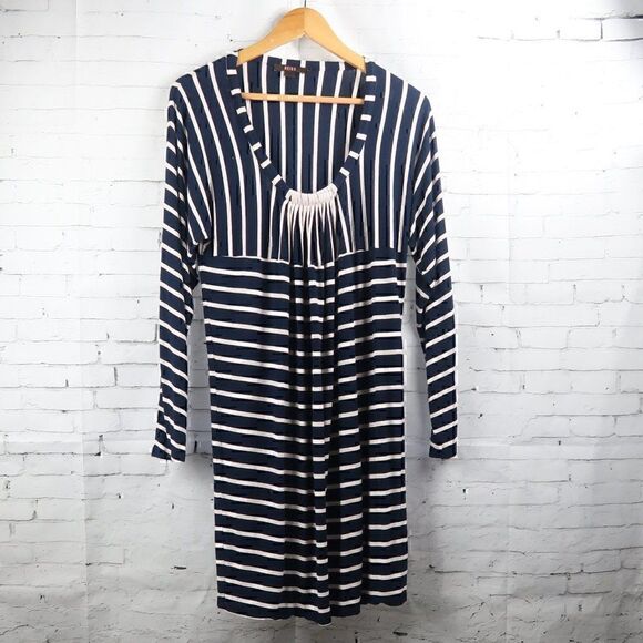 REISS BLUE & WHITE STRIPE LONG SLEEVE SCOOP NECK MIDI DRESS SIZE MEDIUM - Picture 1 of 8